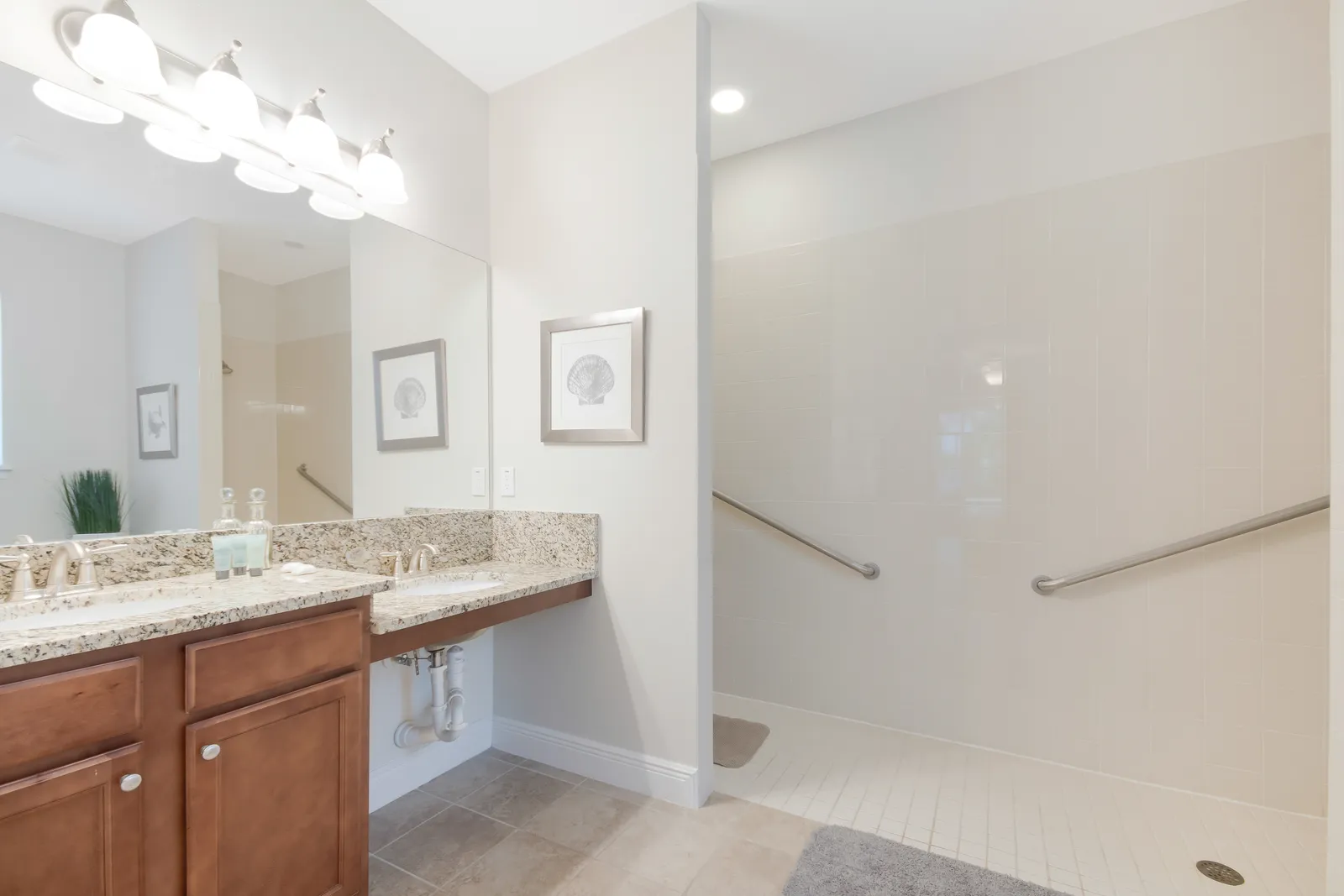 Accessible master bathroom with roll-in shower