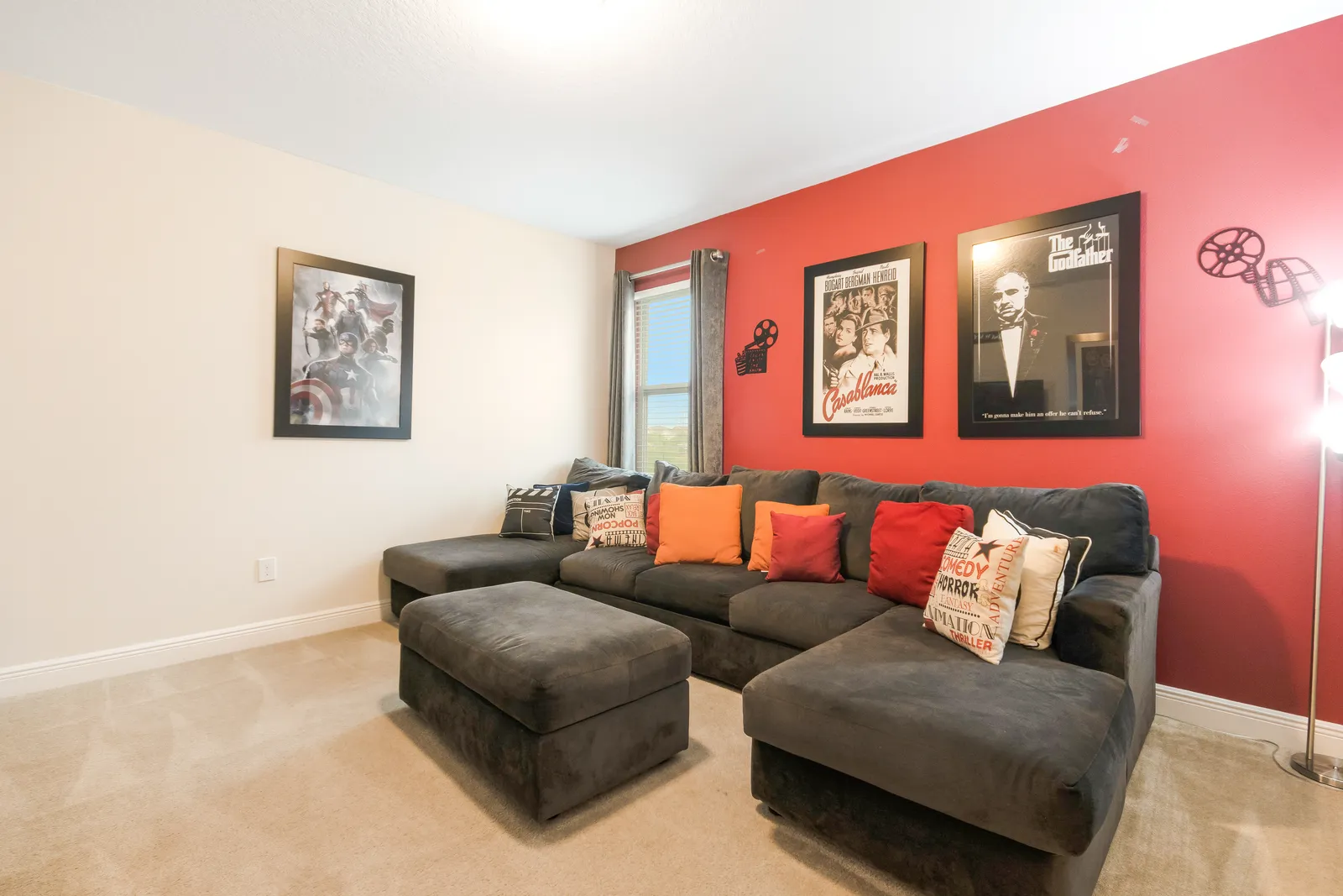 Theater room with large sectional sofa